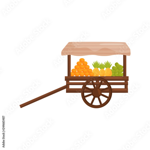 Old wooden street cart with fresh tropical fruits. Balinese food. Market stall on wheels. Flat vector design
