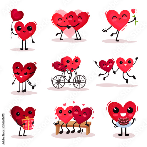 Flat vector set of cute humanized hearts in different actions. Couples in love. Valentines day theme