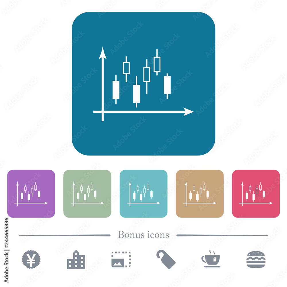Candlestick graph with axes flat icons on color rounded square backgrounds Candlestick graph with axes flat icons on color rounded square backgrounds