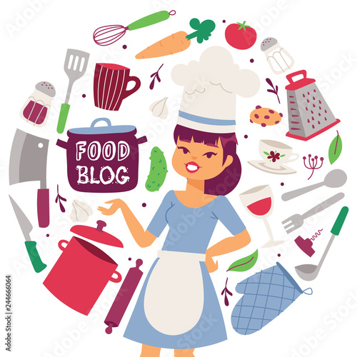Food blog vector illustration. Cooking appliances and restaurant utensil and food background. Female cook in uniform. Glove, grater, ladle, curlery, pan, rolling pin, vegetables.