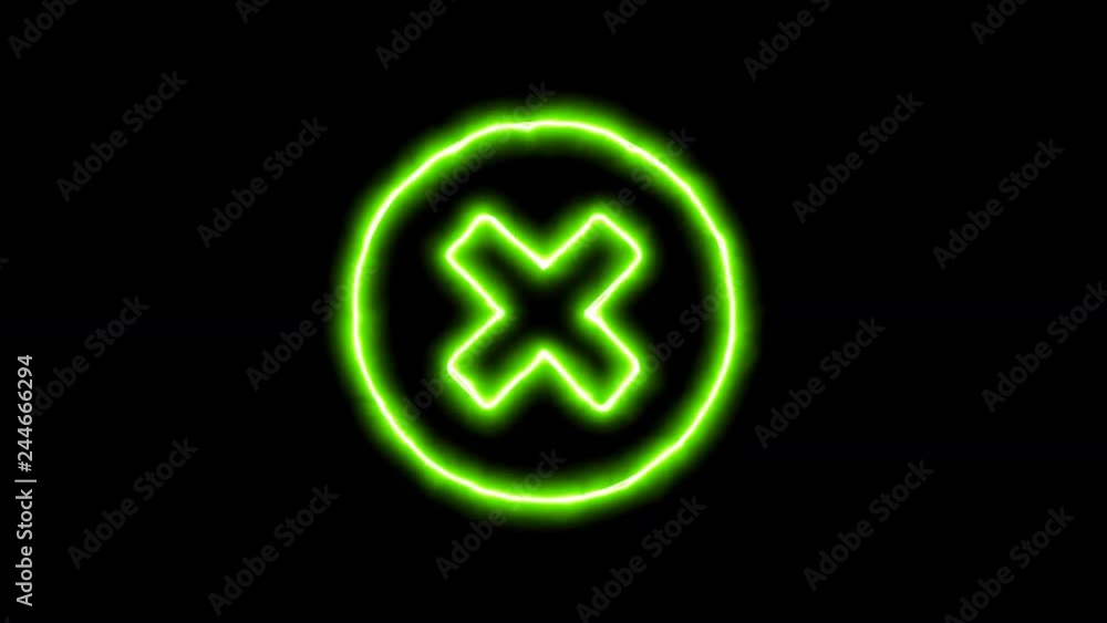 The appearance of the green neon symbol times circle. Flicker, In - Out. Alpha channel Premultiplied - Matted with color black The appearance of the green neon symbol times circle. Flicker, In - Out. Alpha channel Premultiplied - Matted with color black