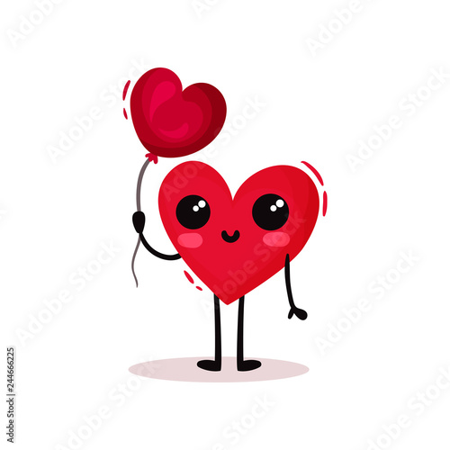 Cute humanized heart holding glossy balloon in shape of heart. Valentines day theme. Flat vector for postcard