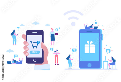 Online Shopping vector set. Different People do mobile shopping. Human hand using mobile phone for purchase. Flat Vector cartoon illustration
