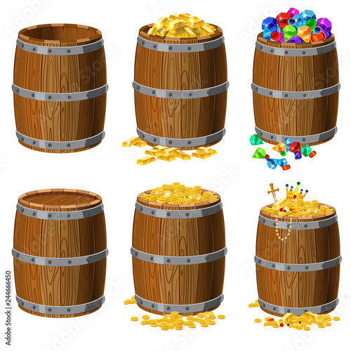 Set of wooden barrels with treasures, gold, coins, bars, precious stones, diamonds, emeralds, jewelry, empty and closed, with metal stripes, for alcohol, wine, rum, beer and other beverages, or