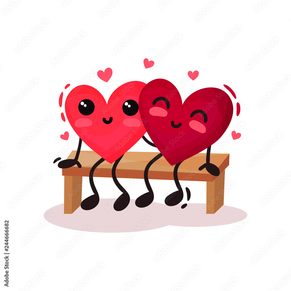 Fotografie Two humanized hearts sitting on bench and hugging