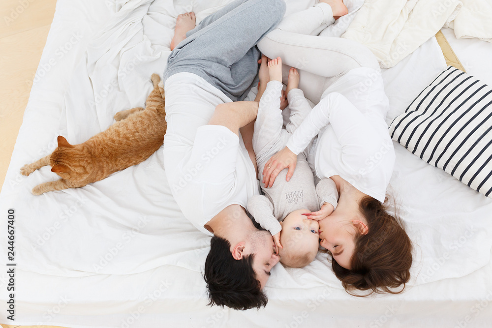 Portrait of loving parent playing with their kid. Warm and cozy scene in real life interior. Lifestyle photo. Mom,dad, son and their domestic ginger cat lying on white bed. Top view Portrait of loving parent playing with their kid. Warm and cozy scene in real life interior. Lifestyle photo. Mom,dad, son and their domestic ginger cat lying on white bed. Top view