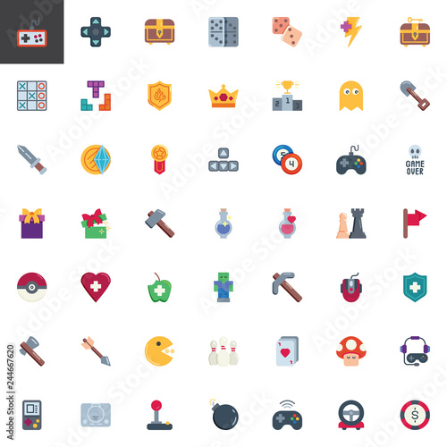 Video games and gaming elements collection, flat icons set, Colorful symbols pack contains - Gamepad controller, Game Controller Joystick, Retro console,  Mouse. Vector illustration. Flat style design