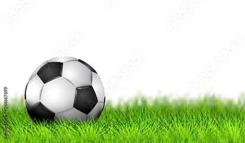 Realistic Soccer ball as Simbol football on the play field. Soccer ball design on green grass background. Cover banner  poster  typography design. Vector illustration. EPS 10