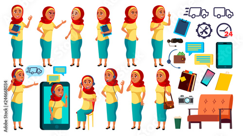 Arab, Muslim Teen Girl Poses Set Vector. Friendly, Cheer. Online Helper, Consultant. For Banner, Flyer, Brochure Design. Isolated Cartoon Illustration