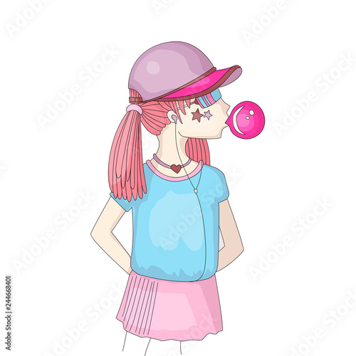 Young teen girl in a baseball cap with headphones blowing bubblegum. Little girl vector cartoon hand draw illustration. Teenage girl in bright colors, rebel girl illustration. Pre teen rebel grl