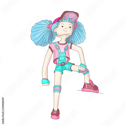 Young girl with blue hair in baseball cap and overalls, vector cartoon hand draw illustration. Teenage young girl in bright colors, rebel girl illustration. Young positive rebel girl. Positive girl