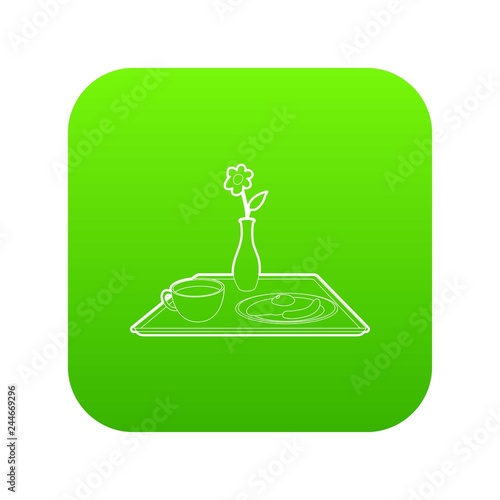 Breakfast in bed icon green vector isolated on white background