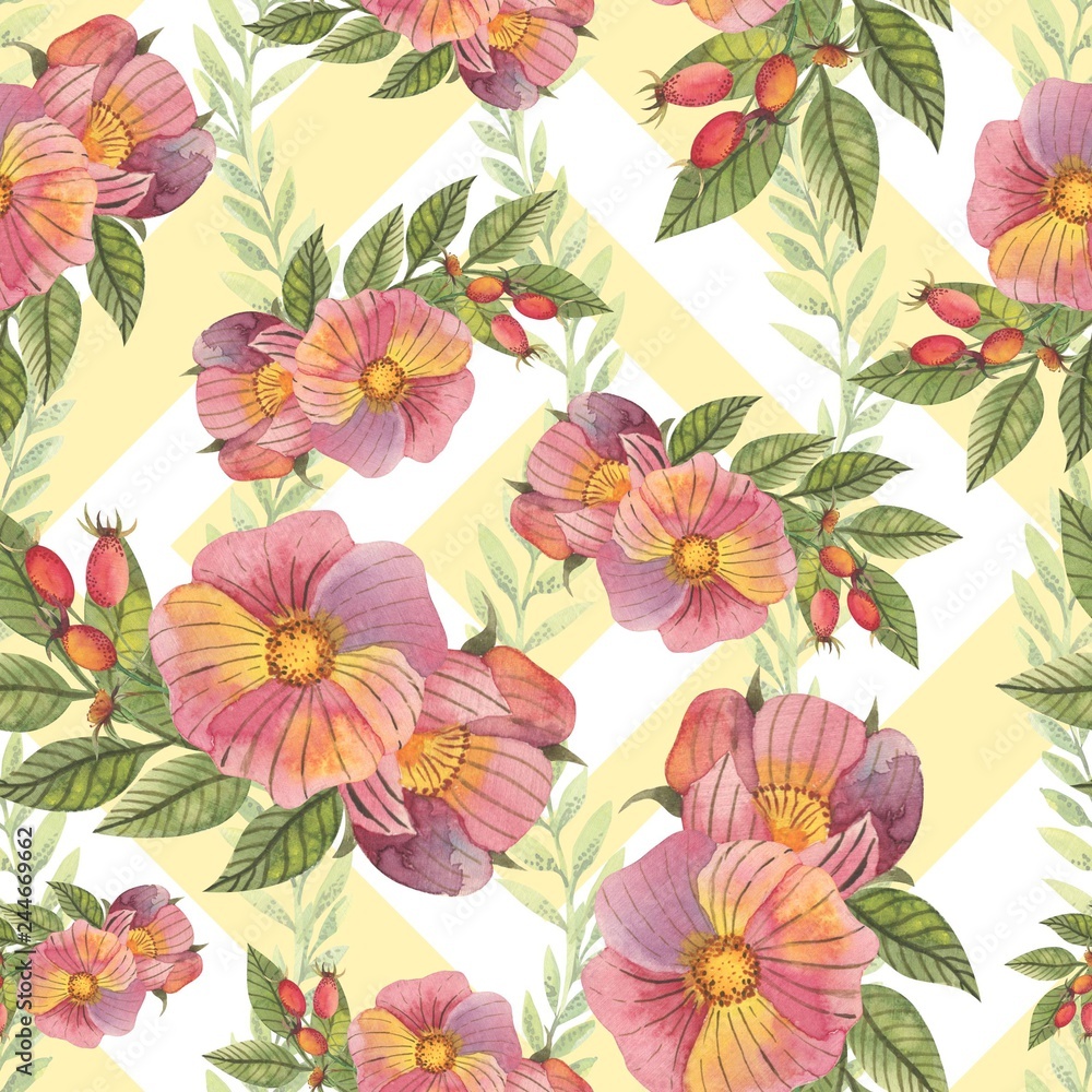 Seamless pattern with flowers and rose hips in watercolor style. Can be used for fabric, wrapping paper, postcard design, invitations, greetings, etc.