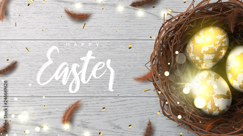 Happy Easter holiday greeting banner. Beautiful background with realistic wicker nest, white golden eggs, sparkling gold confetti, shining garland and chicken feathers. Holiday vector illustration.