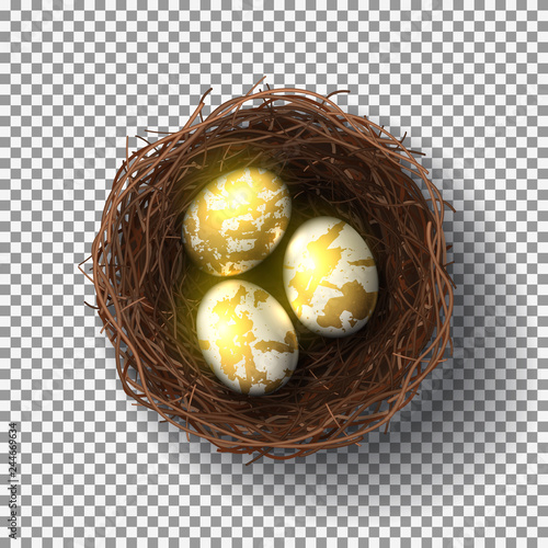 Bird nest isolated on transparent background. Realistic top view on wicker nest with white - golden eggs. Vector illustration.
