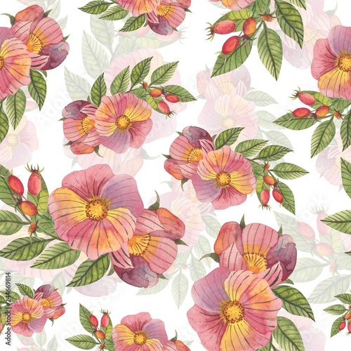 Seamless pattern with flowers and rose hips in watercolor style. Can be used for fabric, wrapping paper, postcard design, invitations, greetings, etc.