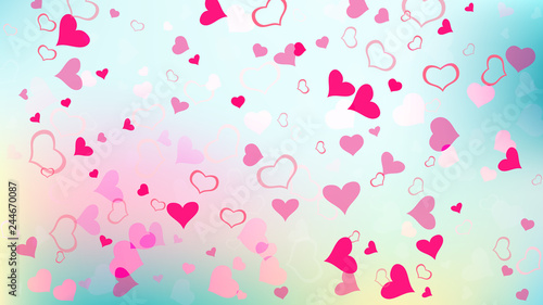 Part of the design of wallpaper, textiles, packaging, printing, holiday invitation for wedding. Stylish background. Red on Gradient fond Vector. Red hearts of confetti crumbled.