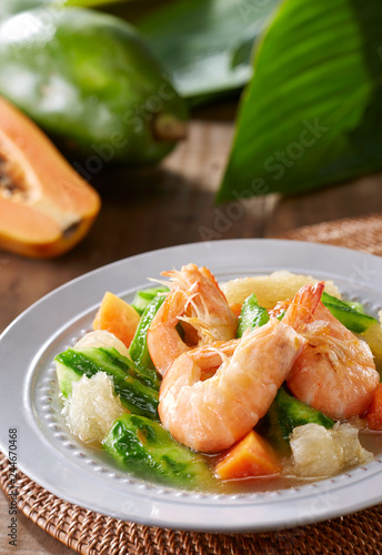 Delicious Chinese cuisine, fresh shrimp and Luffa soup

