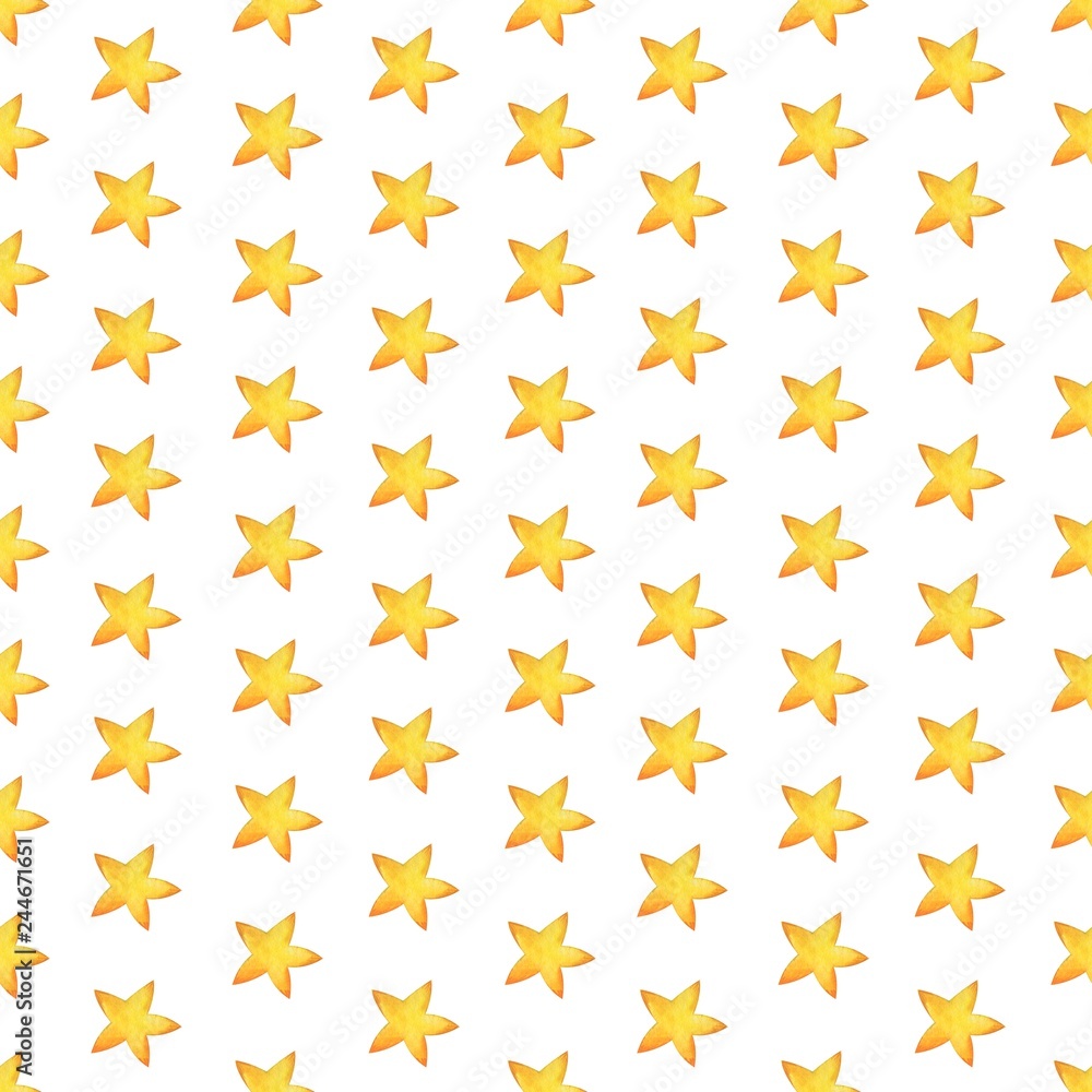 Yellow watercolor stars background Isolated on white background. Suitable for printing Wallpaper, fabric, cards and more.