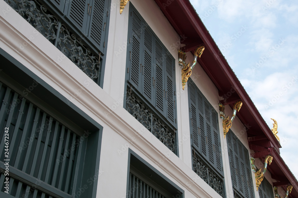 Bangkok Thailand, balcony and window shutters of a building in the palace grounds