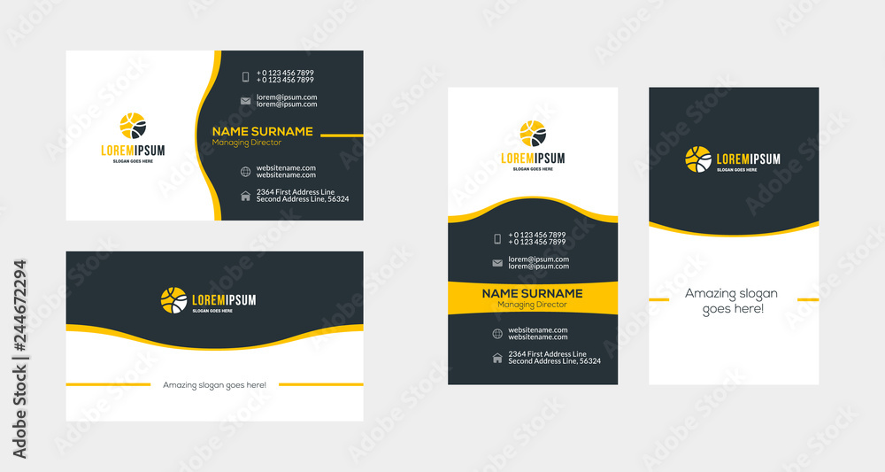 Double-sided creative business card template. Portrait and landscape orientation. Horizontal and vertical layout. Vector illustration Double-sided creative business card template. Portrait and landscape orientation. Horizontal and vertical layout. Vector illustration
