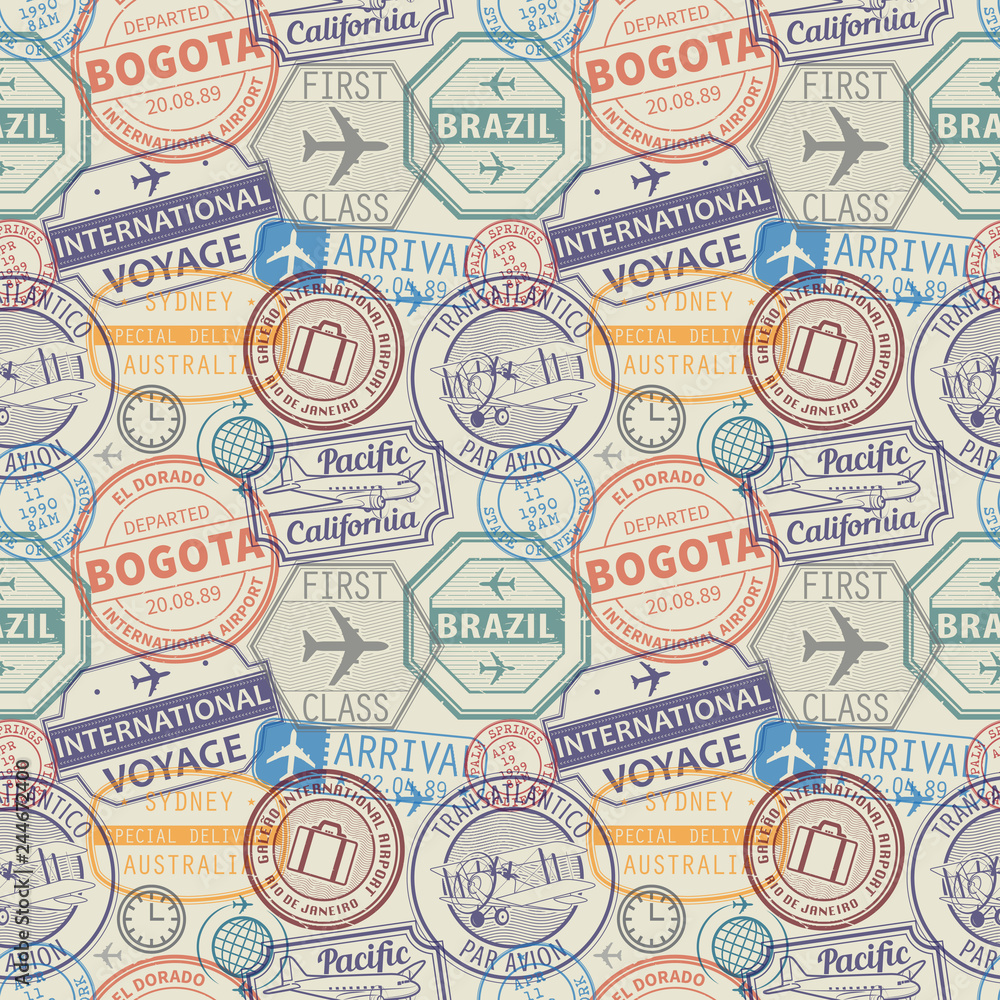 Seamless pattern with visa rubber stamps on passport