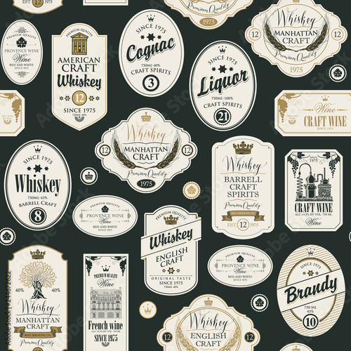 Vector seamless pattern with collage of labels for various alcoholic beverages in retro style with inscriptions of whiskey, liquor, cognac, wine, brandy.