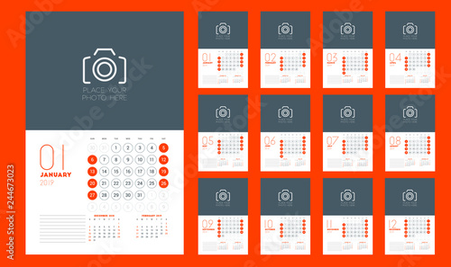 Wall calendar planner template for 2019 year. Week starts on Sunday. Vector illustration
