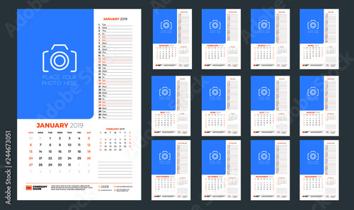 Wall calendar planner template for 2019 year. Week starts on Sunday. Vector illustration