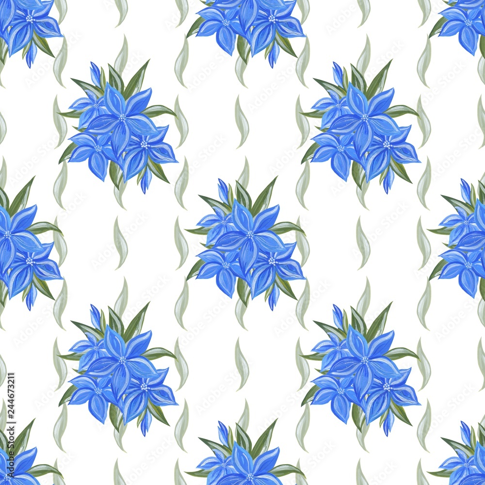 Obraz premium Floral pattern in a picturesque style. Beautiful seamless pattern with blue flowers and herbs. Can be used as Wallpaper background template, printing on fabric, etc.