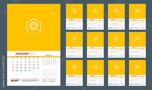 Wall calendar planner template for 2019 year. Week starts on Sunday. Vector illustration