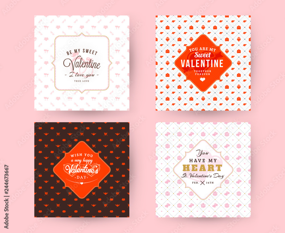 Set of Happy Valentines Day typography greeting cards. Vector design template with seamless background and romantic signs