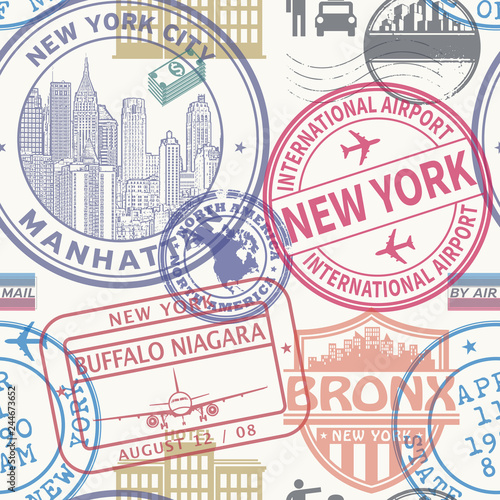 Seamless pattern with visa rubber stamps on passport