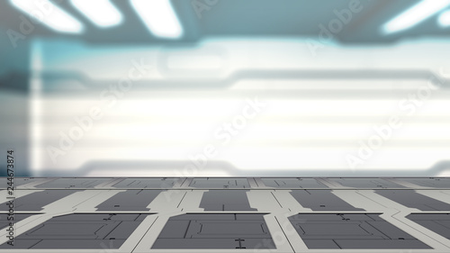3d illustration of sci fi lab table with Blur sci-fi Background 3d render