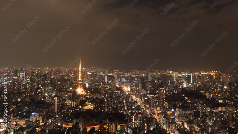Tokyo, Japan aerial cityscape view of Tokyo Tower at night