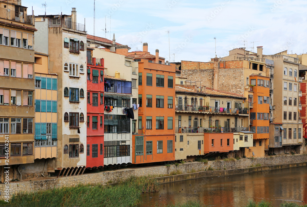 Colorful ancient houses and river Onyar in Girona