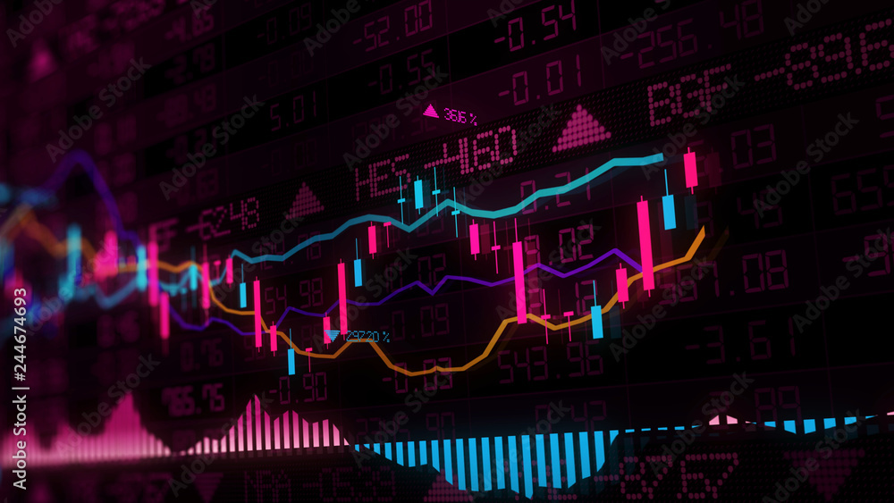 3D rendering of stock indexes in virtual space. Economic growth, recession