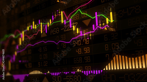 3D rendering of stock indexes in virtual space. Economic growth, recession