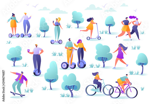 Active people in the park. Summer outdoor. Man and woman characters running, riding bicycle, skateboarding, roller skates, fitness. Flat design characters riding modern electric scooter, hoverboard.