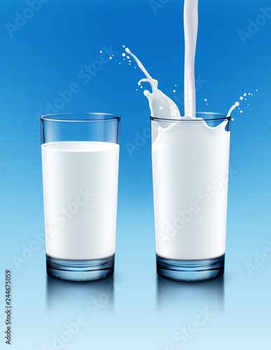 Vector illustration of realistic full transparent glass and to pour milk with splash on background