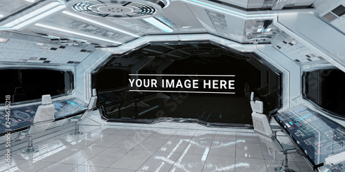 Fototapeta Naklejka Na Ścianę i Meble -  White spaceship interior with large window view 3D rendering