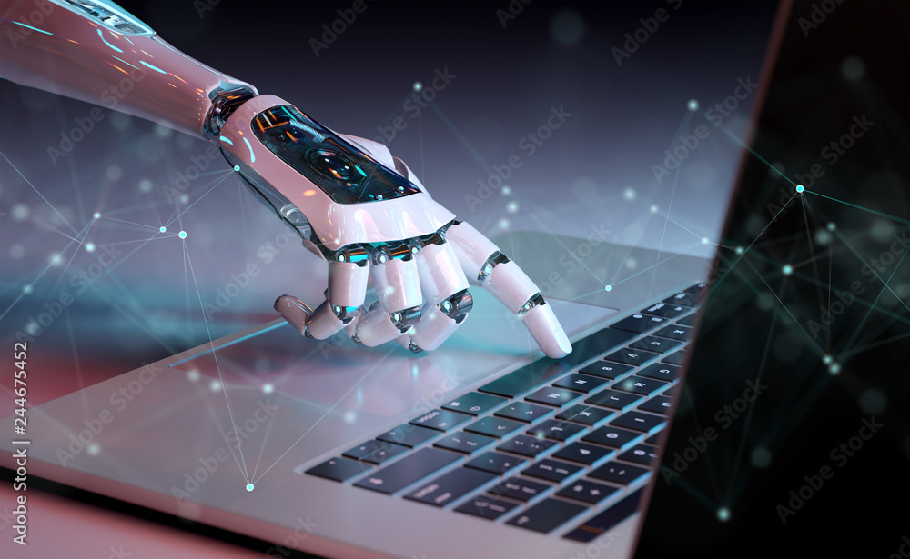 Robotic hand pressing a keyboard on a laptop 3D rendering - obrazy, fototapety, plakaty 