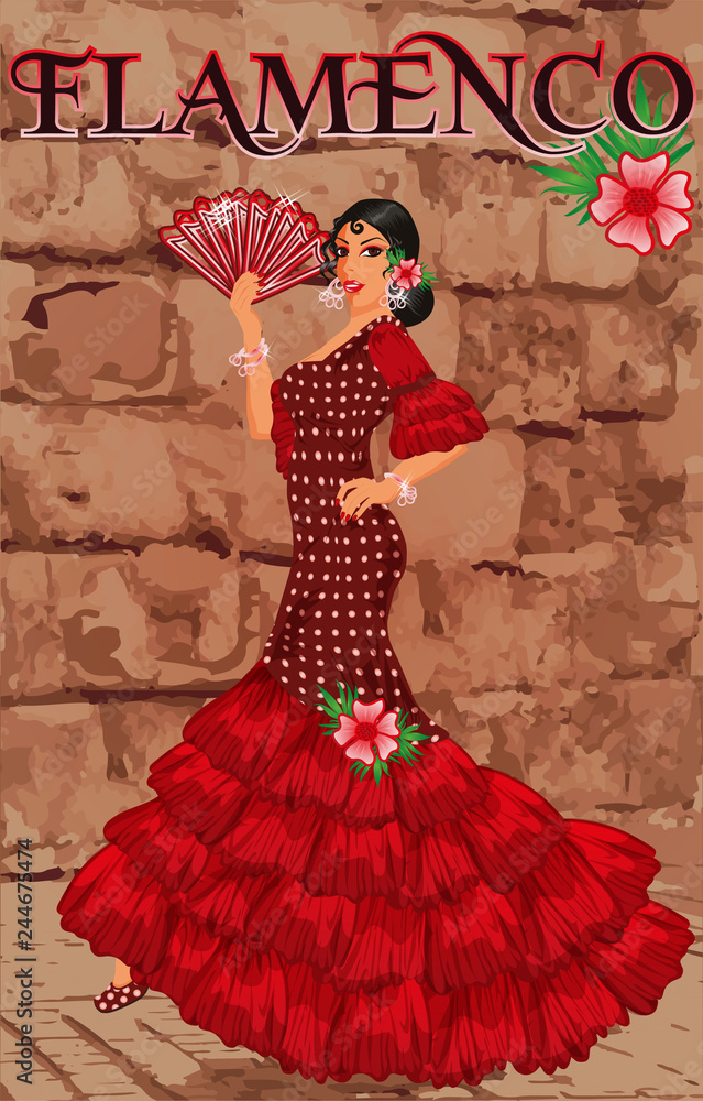 Spanish flamenco girl with a fan, greeting card vector illustration Spanish flamenco girl with a fan, greeting card vector illustration