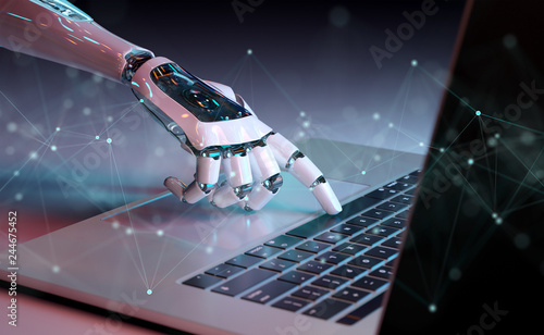 Robotic hand pressing a keyboard on a laptop 3D rendering photo