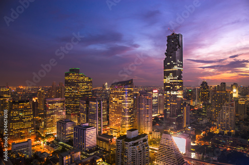 Top View of City. Cityscape with Car Traffic Light Trial at Twilight Time, Bangkok, Thailand.
