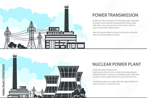 Set of Banners with Electric Transmission, Silhouette Nuclear Plant or Thermal Station, Power Station and High Voltage Power Lines Supplies Electricity to City, Vector Illustration