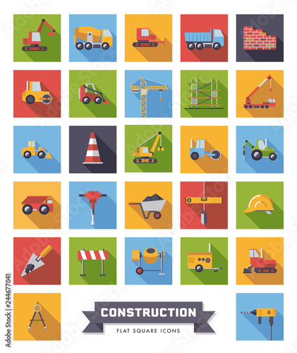 Flat Design Construction Industry Square Vector Icons Set