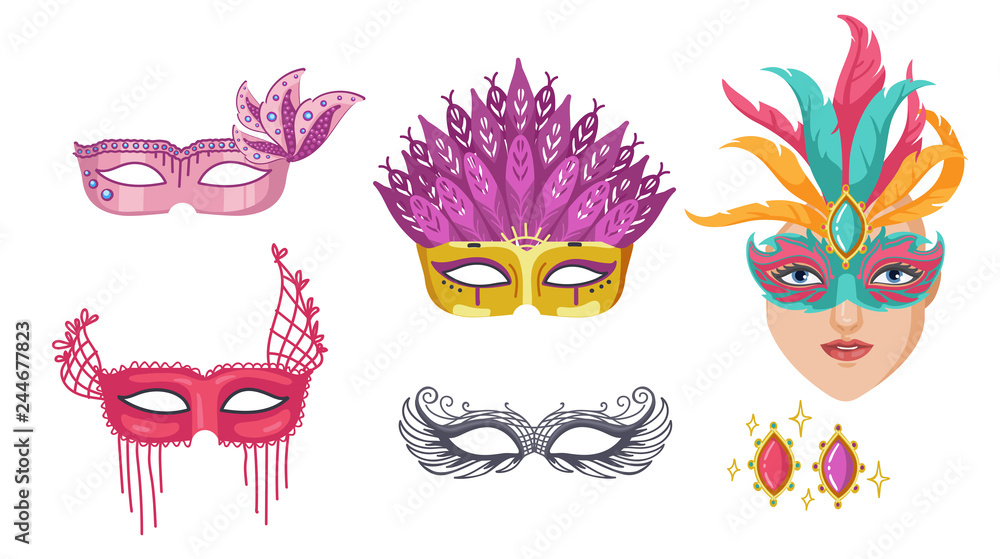 carnival mask Mask for celebration. Venetian style painted carnival face  masks collection for party Fantasy or Fancy, decoration or masquerade  realistic. Various colors and differences. Vector Stock Vector