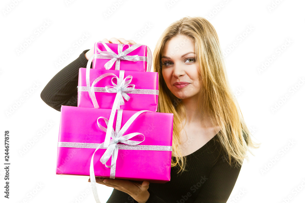 Happy surprised woman with many gifts Happy surprised woman with many gifts