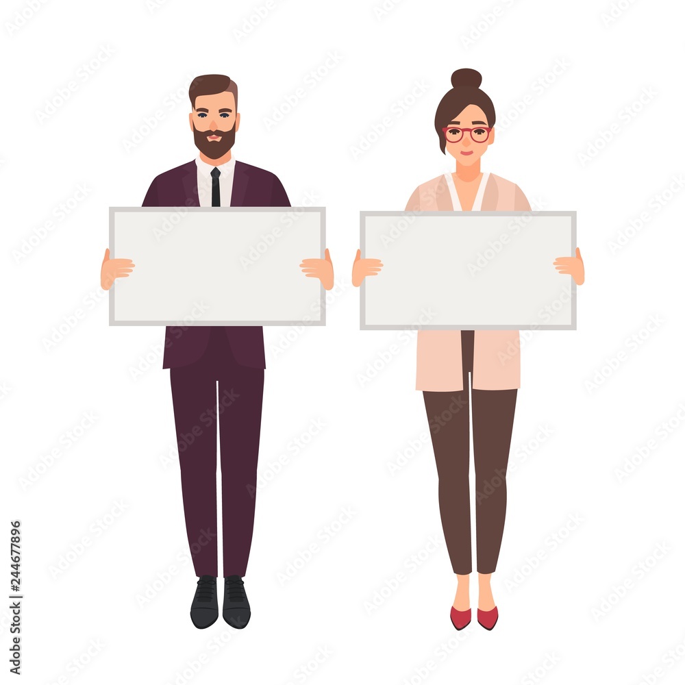 Male and female managers, clerks or office workers holding clean white boards or banners Male and female managers, clerks or office workers holding clean white boards or banners